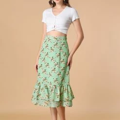 Allegra K Women's Printed Elastic Waist Tiered Ruffle Hem Flowy Midi Skirt