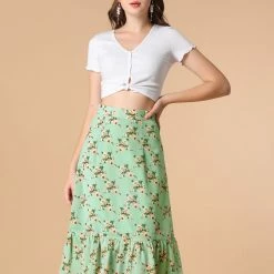 Allegra K Women's Printed Elastic Waist Tiered Ruffle Hem Flowy Midi Skirt