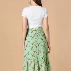 Allegra K Women's Printed Elastic Waist Tiered Ruffle Hem Flowy Midi Skirt