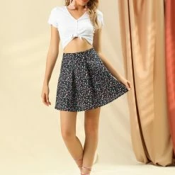 Allegra K Women's A-Line Pleated Front High Waist Vintage Floral Mini Skirt
