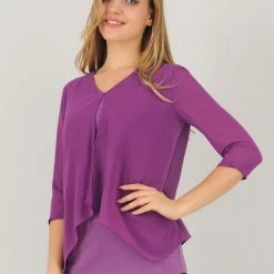 Allegra K Women's Chiffon 3/4 Sleeve V Neck Overlay Blouse
