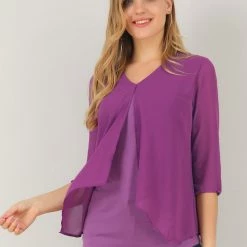 Allegra K Women's Chiffon 3/4 Sleeve V Neck Overlay Blouse