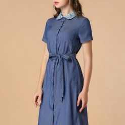 Allegra K Women's Peter Pan Collar Short Sleeve Belted Shift Chambray Denim Shirt Dress