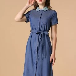 Allegra K Women's Peter Pan Collar Short Sleeve Belted Shift Chambray Denim Shirt Dress