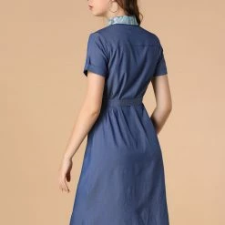 Allegra K Women's Peter Pan Collar Short Sleeve Belted Shift Chambray Denim Shirt Dress