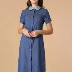 Allegra K Women's Peter Pan Collar Short Sleeve Belted Shift Chambray Denim Shirt Dress