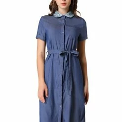 Allegra K Women's Peter Pan Collar Short Sleeve Belted Shift Chambray Denim Shirt Dress