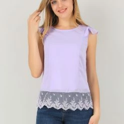 Allegra K Women's Chiffon Lace Blouse Round Neck Cap Sleeve Summer Top Shirt