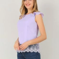 Allegra K Women's Chiffon Lace Blouse Round Neck Cap Sleeve Summer Top Shirt