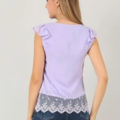 Allegra K Women's Chiffon Lace Blouse Round Neck Cap Sleeve Summer Top Shirt