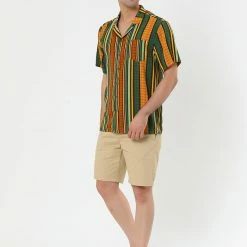 Allegra K Men's Summer Striped Short Sleeves Button Down Printed Hawaiian Shirt