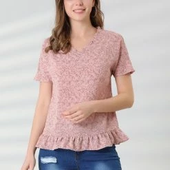 Allegra K Women's Casual Ruffle V Neck Short Sleeve Floral Blouse