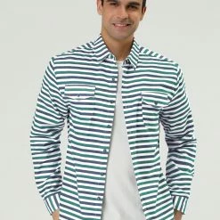 Allegra K Men's Overshirt Cotton Color Block Flannel Button Down Long Sleeve Striped Shirts