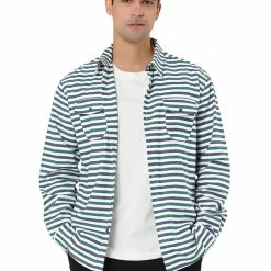 Allegra K Men's Overshirt Cotton Color Block Flannel Button Down Long Sleeve Striped Shirts