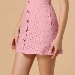 Allegra K Women's Mini Skirt Button Decor Elastic Waist Embroidered A-Line Skirts