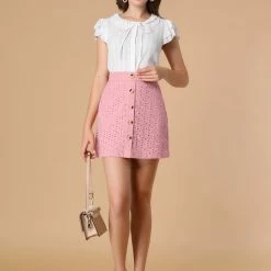 Allegra K Women's Mini Skirt Button Decor Elastic Waist Embroidered A-Line Skirts