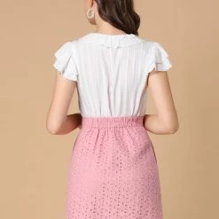 Allegra K Women's Mini Skirt Button Decor Elastic Waist Embroidered A-Line Skirts