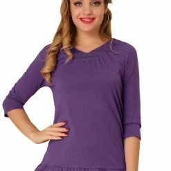 Allegra K Women's Basic V Neck Tiered Lace 3/4 Sleeve Layered Ruffle Top