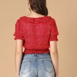 Allegra K Women's Ruffle Collar Smocked Waist Short Sleeve Blouse Dots Top