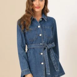 Allegra K Belted Longline Denim Jacket Women