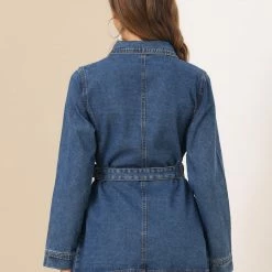 Allegra K Belted Longline Denim Jacket Women