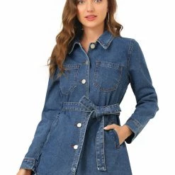Allegra K Belted Longline Denim Jacket Women