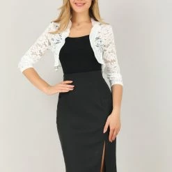 Allegra K Women's Elegant Ruffle Collar Crop Cardigan Sheer Floral Lace Shrug Top