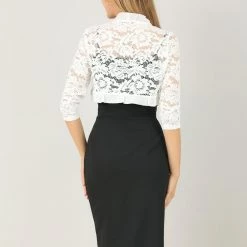 Allegra K Women's Elegant Ruffle Collar Crop Cardigan Sheer Floral Lace Shrug Top