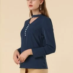 Allegra K Women's Keyhole Stand Collar Blouse Long Sleeve Button Front Work Shirt Top