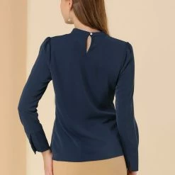 Allegra K Women's Keyhole Stand Collar Blouse Long Sleeve Button Front Work Shirt Top