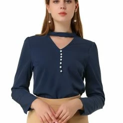 Allegra K Women's Keyhole Stand Collar Blouse Long Sleeve Button Front Work Shirt Top