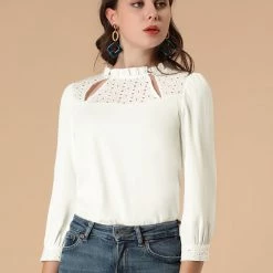 Allegra K Women's Ruffle Neck Floral Embroidered Panel 3/4 Sleeve Blouse Top