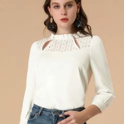 Allegra K Women's Ruffle Neck Floral Embroidered Panel 3/4 Sleeve Blouse Top