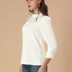 Allegra K Women's Ruffle Neck Floral Embroidered Panel 3/4 Sleeve Blouse Top