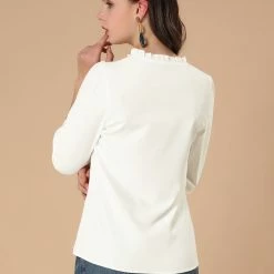 Allegra K Women's Ruffle Neck Floral Embroidered Panel 3/4 Sleeve Blouse Top