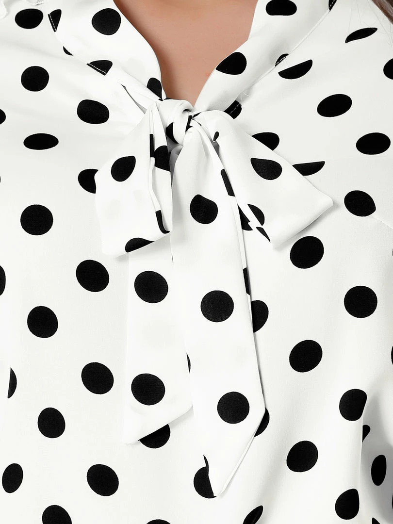 Allegra K Women's Polka Dots Ruffle Shoulder Elastic Cuff Bow Tie Neck Blouse 5 Allegra K Women's Polka Dots Ruffle Shoulder Elastic Cuff Bow Tie Neck Blouse