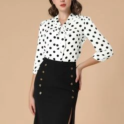 Allegra K Women's Polka Dots Ruffle Shoulder Elastic Cuff Bow Tie Neck Blouse 17 Allegra K Women's Polka Dots Ruffle Shoulder Elastic Cuff Bow Tie Neck Blouse