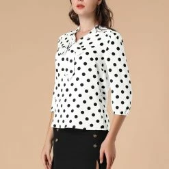 Allegra K Women's Polka Dots Ruffle Shoulder Elastic Cuff Bow Tie Neck Blouse 18 Allegra K Women's Polka Dots Ruffle Shoulder Elastic Cuff Bow Tie Neck Blouse