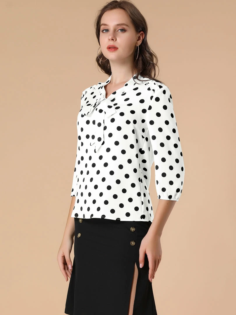 Allegra K Women's Polka Dots Ruffle Shoulder Elastic Cuff Bow Tie Neck Blouse 7 Allegra K Women's Polka Dots Ruffle Shoulder Elastic Cuff Bow Tie Neck Blouse