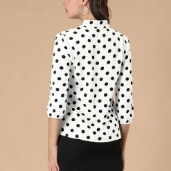 Allegra K Women's Polka Dots Ruffle Shoulder Elastic Cuff Bow Tie Neck Blouse 19 Allegra K Women's Polka Dots Ruffle Shoulder Elastic Cuff Bow Tie Neck Blouse