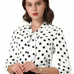 Allegra K Women's Polka Dots Ruffle Shoulder Elastic Cuff Bow Tie Neck Blouse