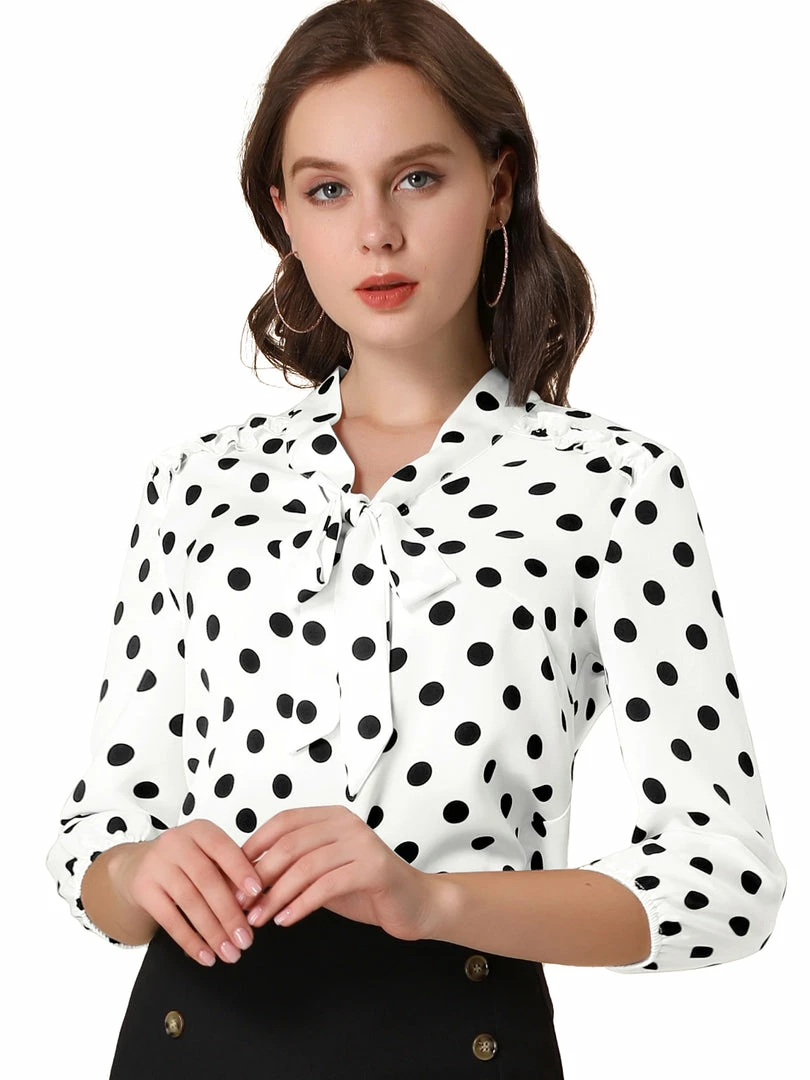 Allegra K Women's Polka Dots Ruffle Shoulder Elastic Cuff Bow Tie Neck Blouse 4 Allegra K Women's Polka Dots Ruffle Shoulder Elastic Cuff Bow Tie Neck Blouse