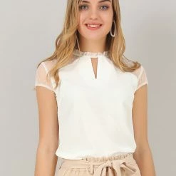 Allegra K Women's Ruffle Neck Mesh Panel Keyhole Back Cap Sleeve Blouse 17 Allegra K Women's Ruffle Neck Mesh Panel Keyhole Back Cap Sleeve Blouse