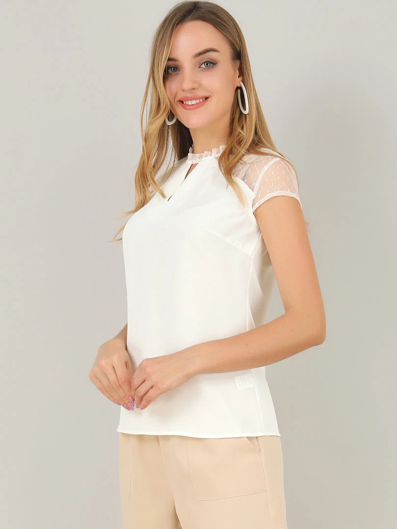 Allegra K Women's Ruffle Neck Mesh Panel Keyhole Back Cap Sleeve Blouse 7 Allegra K Women's Ruffle Neck Mesh Panel Keyhole Back Cap Sleeve Blouse