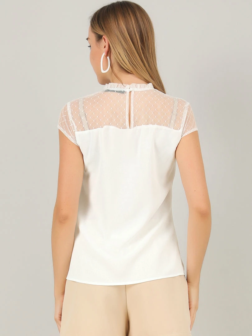 Allegra K Women's Ruffle Neck Mesh Panel Keyhole Back Cap Sleeve Blouse 8 Allegra K Women's Ruffle Neck Mesh Panel Keyhole Back Cap Sleeve Blouse