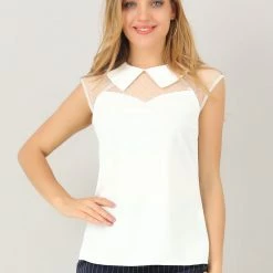 Allegra K Women's Sheer Mesh Panel Blouse Short Sleeve Point Collar Work Top Shirt 11 Allegra K Women's Sheer Mesh Panel Blouse Short Sleeve Point Collar Work Top Shirt