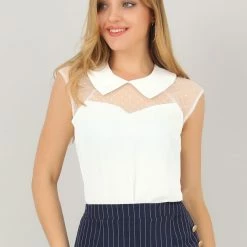 Allegra K Women's Sheer Mesh Panel Blouse Short Sleeve Point Collar Work Top Shirt 12 Allegra K Women's Sheer Mesh Panel Blouse Short Sleeve Point Collar Work Top Shirt