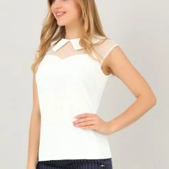 Allegra K Women's Sheer Mesh Panel Blouse Short Sleeve Point Collar Work Top Shirt 13 Allegra K Women's Sheer Mesh Panel Blouse Short Sleeve Point Collar Work Top Shirt