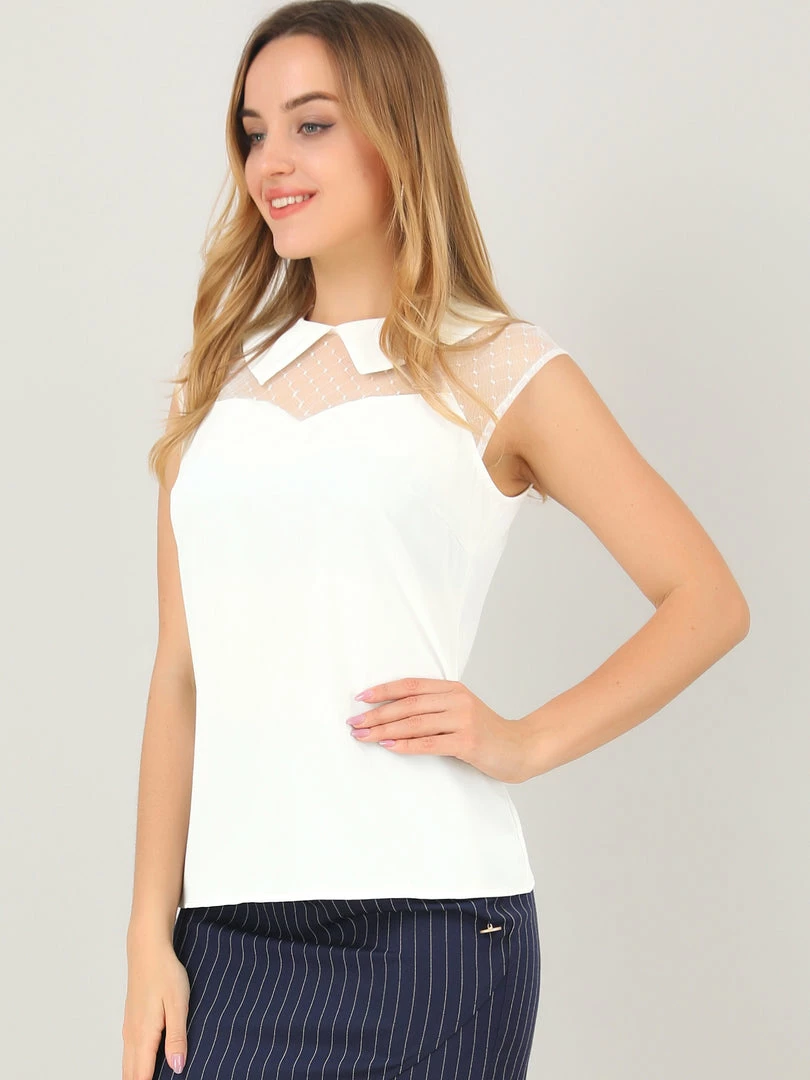 Allegra K Women's Sheer Mesh Panel Blouse Short Sleeve Point Collar Work Top Shirt 7 Allegra K Women's Sheer Mesh Panel Blouse Short Sleeve Point Collar Work Top Shirt