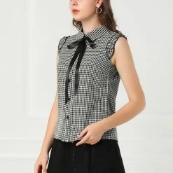 Allegra K Women's Bow Tie Neck Ruffle Trim Sleeveless Gingham Office Shirt Blouse